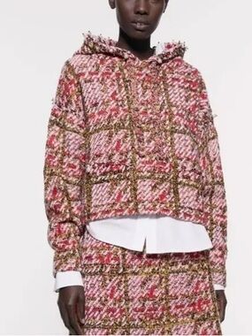 ZARA | Plaid Knit Cropped Sweater Hoodie with Jewels Embellishments Sz S